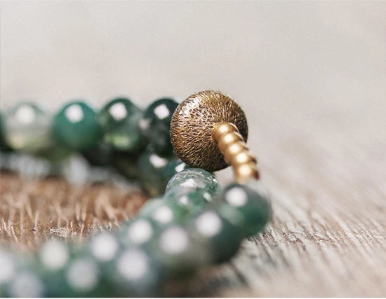 Moss agate / sea grass beads with hammered copper: emotional balance