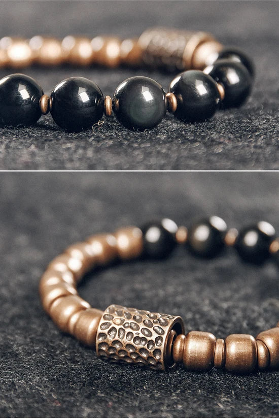 Obsidian beads and hammered brass: protection and serenity